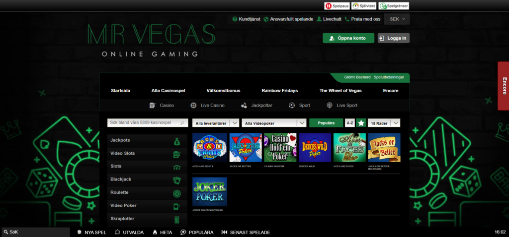Sidan för videopoker på Mr Vegas